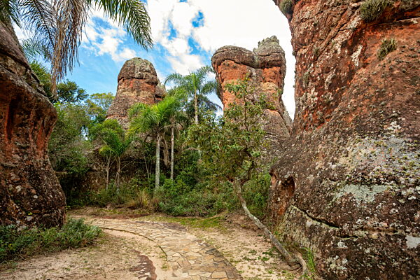 Sandstone rock formations and rugged landscape, Vila Velha State Park, Itaiacoca, Ponta Grosa Brazil.