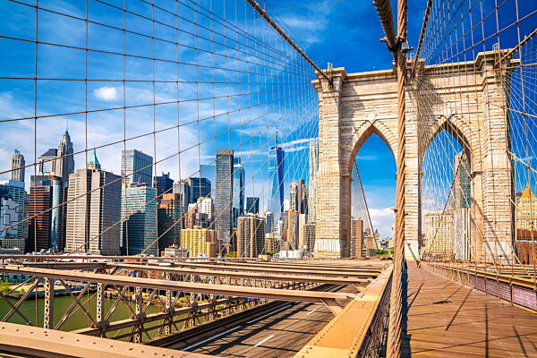 Blick auf die Brooklyn-BrÃ_cke und New York City Downtown Manhattan