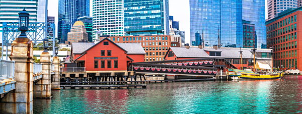 Boston, MA. Boston harbor and Tea party museum and ships replica view