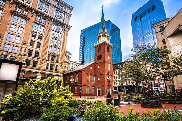 Boston, MA. Blick auf die Innenstadt von Boston und das Old South Meeting House