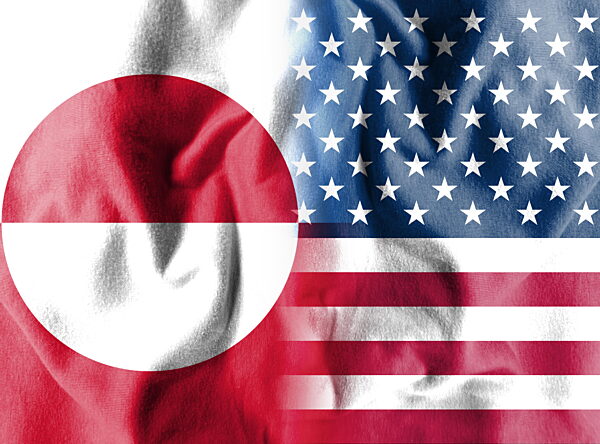 Dies ist ein Bild, das aus der amerikanischen Flagge und der grönländischen Flagge unter Verwendung verschiedener Texturen zusammengesetzt ist. Es veranschaulicht die Beziehung zwischen den Vereinigten Staaten und Grönland. Die Vereinigten Staaten (insb