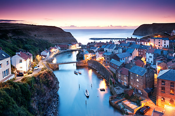Twilight glow over Staithes village.