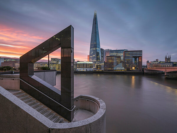 The Shard at sunrise from across the River Thames.