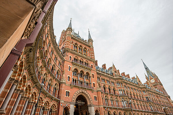 External view showing stunning architecture of the luxury St Pancras Renaissance Hotel in London.