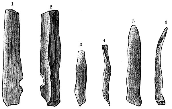 Feuersteinfunde aus der Höhle Hohlefels: 1) und 2) abgebrochenes Feuersteinwerkzeug, 3) - 6) Feuersteinspitzen. 1/2 wirklicher Größe (nach O. Fraas)