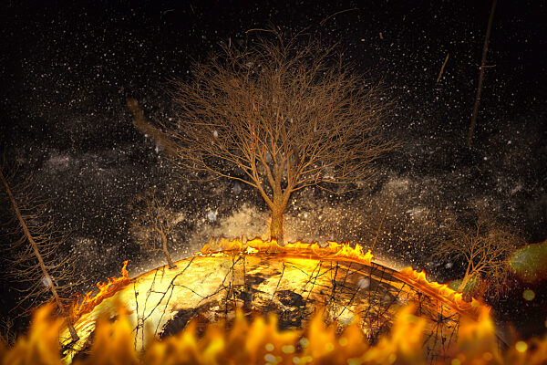 Pollution And Climate Change Concept, Burning Globe With Drought Trees PHOTO MOUNT
