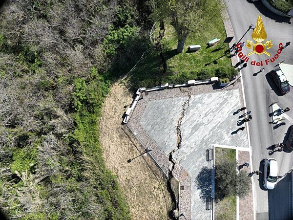 Italy: Firefighters monitoring the area affected by a landslide in Petacciato, in the province of Campobasso, with the use of drones and helicopters. As a precaution, traffic on the A14 motorway between t Vasto Sud and Termoli junctions, as well as the A