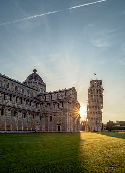Cathedral and Leaning Tower at sunrise, Piazza dei Miracoli, Pisa, Tuscany, Italy
