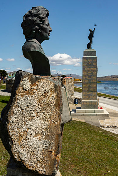 Bronze of Margaret Thatcher beside the 1982 Liberation Monument in Stanley, Falkland Islands, UK