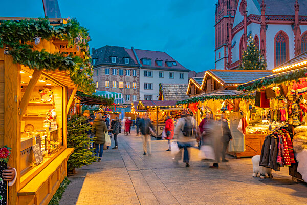 View of Christmas market and Maria Chappel in Marktplatz, WÃ_rzburg, Bavaria, Germany, Europe