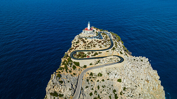 Aerial of the Formentor lighthouse, Mallorca, Balearic islands, Spain