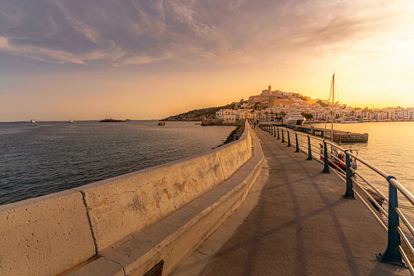 View of cathedral and Dalt Vila from harbour at sunset, UNESCO World Heritage Site, Ibiza Town, Eivissa, Balearic Islands, Spain, Mediterranean, Europe