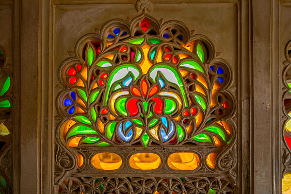 Stained Glass Window in the City Palace, Udaipur, Rajasthan, India, South Asia.
