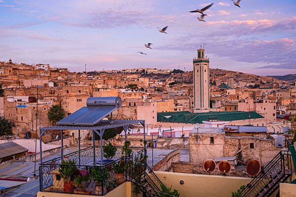 Warm purple Sunrise over the Medina of Fes, Morocco. Looking at the central old town and a roof garden terrace