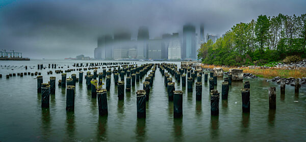 View of Lower Manhattan from Old Pier 1 on a rainy day, Brooklyn Bridge Park, New York City, United States of America, North America