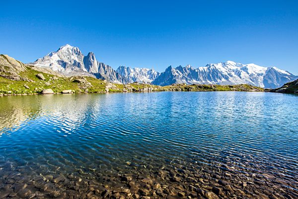 Mont Blanc from Lac des Cheserys, Haute Savoie. French Alps, France, Europe