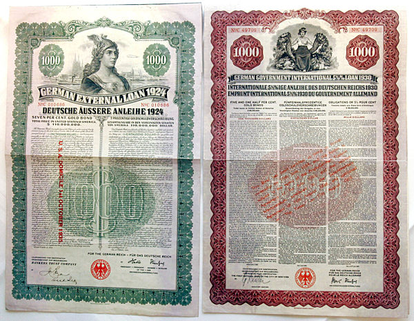 Reproduktion von zwei Anleihen aus dem Jahr 1924 (l) und 1930 (r)...