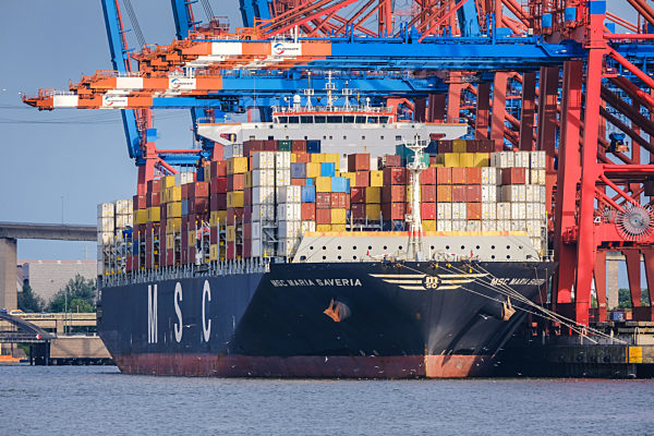 Containerschiff im Hamburger Hafen, Hamburg, Deutschland, Europa