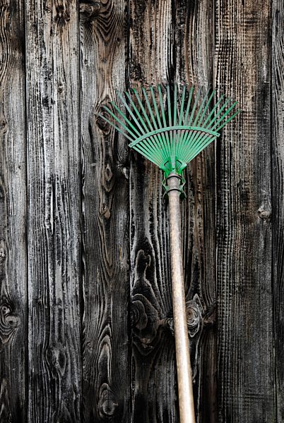 wooden wall, leaf rake