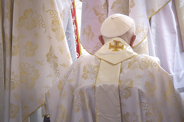 Pope emeritus Benedict XVI ,during the canonisation mass of Popes John XXIII and John Paul II on St Peter's at the Vatican on April 27, 2014.