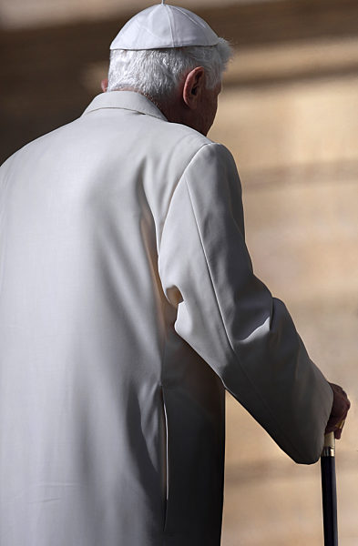 Pope emeritus Benedict XVI  with Pope Francis during a papal mass for elderly people at St Peter's square  at the Vatican.on September 28, 2014