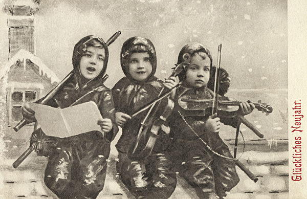 Nostalgie; Neujahrswünsche; Kinder; 
musizieren; s/w;