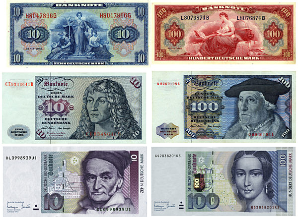 10 und 100 DM Banknoten von 1948 bis 2001...