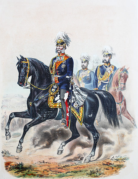 Royal Prussian Army, Guards Corps, William I, German Emperor, with prince Prince Charles of Prussia and Prince Frederick Henry Albert of Prussia. Preussens Heer, Wilhelm I., Wilhelm Friedrich Ludwig von Preussen, ab 1871 der erste Deutsche Kaiser mit Prinz