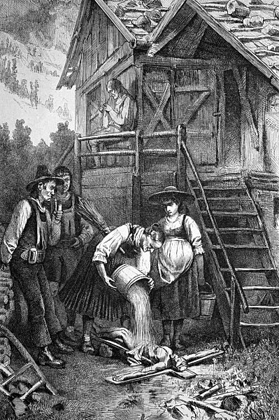 Pfingstwaesche, Kruzifix wird gereinigt, historischer Holzstich, 1886