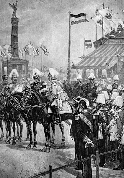 Kaiser Wilhelm I. begruesst Fuerst Bismarck bei der Einweihung der Siegessaeule in Berlin, Deutschland, 1873, historischer Holzstich, ca. 1897