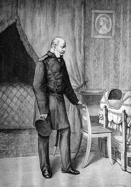 Kaiser Wilhlem I. vor seiner Wiege im Hohenzollern-Museum, Historische Illustration, Holzschnitt, ca 1888