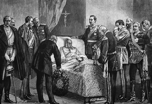 Kaiser Wilhelm auf dem Sterbebett, Wilhelm I., Wilhelm Friedrich Ludwig von Preu?en in Berlin, 1797 - 1888, ab 1871 deutscher Kaiser, Deutschland, Holzschnitt, 1888, Europa