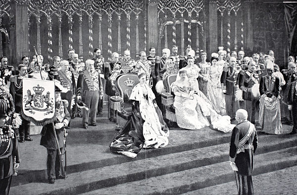 Wilhelmina, Queen of the Netherlands, receives the tribute from the People's Representative, July 5, 1898,   /  Wilhelmina, Königin der Niederlande, erhält die Ehrung vom Volksvertreter am 5. Juli 1898, Historisch, digital improved reproduction of an ori