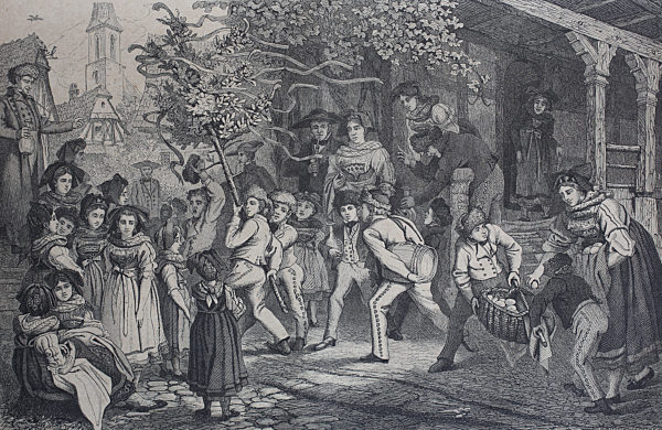 celebrating the Pentecost in Alsace, France  /  Feier des Pfingstfest im Elsaß, Frankreich, Historisch, digital improved reproduction of an original from the 19th century / digitale Reproduktion einer Originalvorlage aus dem 19. Jahrhundert,