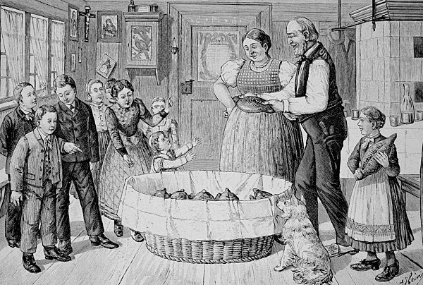 the Pfingsweckenholen in the Blackwood Forest, Germany. Pfingstwecken are a crumpet in the form of a dove, a traitional bun at Pentecost, Woodcut from 1892  /  die Pfingsweckenholen im Schwarzwald. Pfingstwecken sind eine Fladenbrot in Form einer Taube, ei