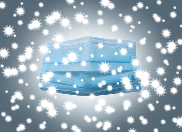 Blue medical mask amid swarm of coronavirus, Blaue medizinische Maske unter Schwarm von corona