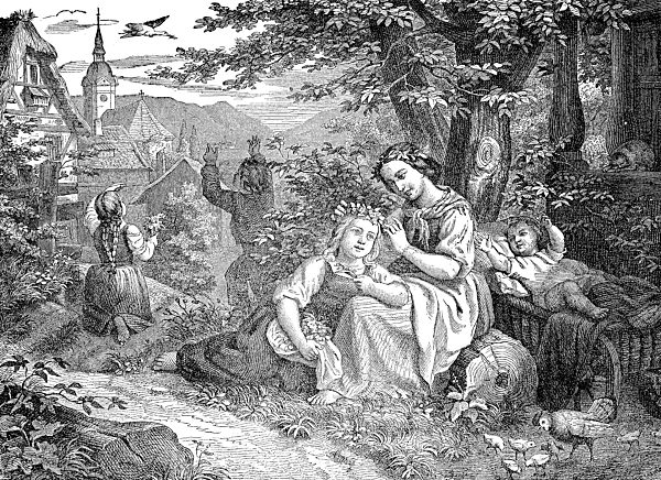 Pentecost outdoors, family with children in nature. Pfingsten im Freien, Familie mit Kindern in der Natur, digital improved reproduction of an original print from the year 1881