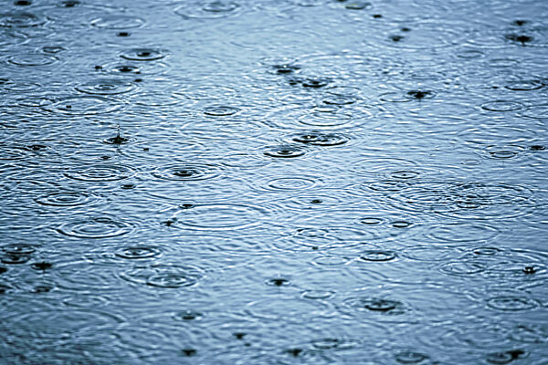 Regentropfen bilden kleine Wellenkreise auf einem See