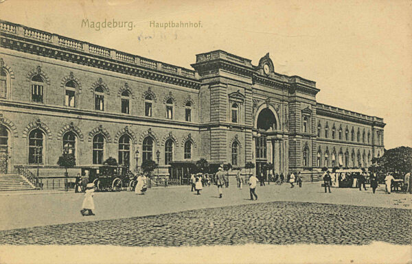 Hauptbahnhof in Magdeburg, Sachsen-Anhalt, Deutschland, Ansicht um ca 1910, digitale Reproduktion einer historischen Postkarte, public domain, aus der damaligen Zeit, genaues Datum unbekannt
