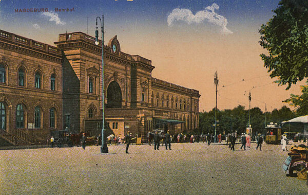 Hauptbahnhof in Magdeburg, Sachsen-Anhalt, Deutschland, Ansicht um ca 1910, digitale Reproduktion einer historischen Postkarte, public domain, aus der damaligen Zeit, genaues Datum unbekannt