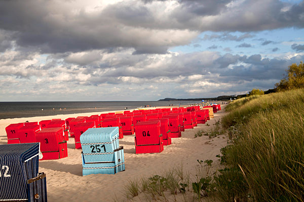 Strandkoerbe und Ostseestrand beim Ostseebad  Trassenheide auf der Insel Usedom, Mecklenburg-Vorpommern, Deutschland | Beach chairs " Strandkorb "  and the baltic beach of the seaside resort Trassenheide, Usedom island, Mecklenburg-Vorpommern, Germany