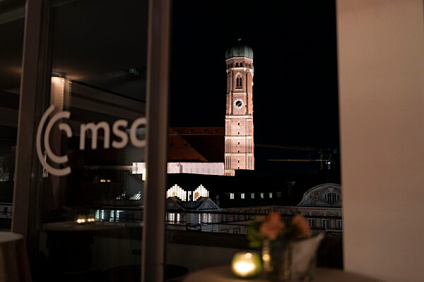 Illuminated Munich Landmark at Night During MSC Event