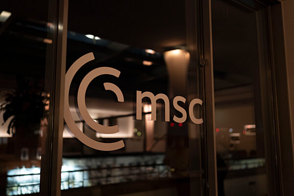 Illuminated MSC Logo at Munich Security Conference Venue