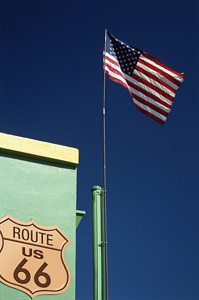 American Flag and Route 66 Sign on Wall, California, USA