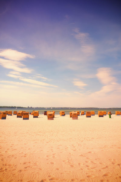 Beach panorama summer covered beach chairs row
