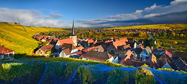 Escherndorf in autumn in the vineyards, dark clouds, behind Nordheim, Lower Franconia, Main Franconia, Bavaria, Germany, Europe
