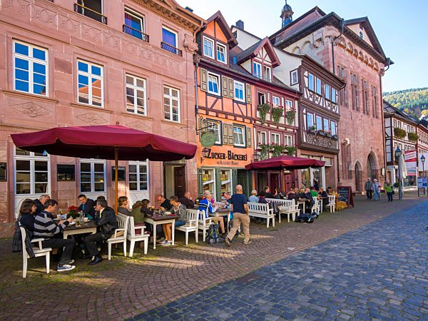 Historic old town with restaurants, Miltenberg, Mainfranken, Lower Franconia, Franconia, Bavaria, Germany, Europe
