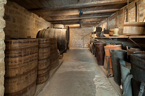 Old wine cellar with wooden barrels of a winery, 19th century, Franconian open-air museum Bad Windsheim, Bad Windsheim, Middle Franconia, Bavaria, Germany, Europe