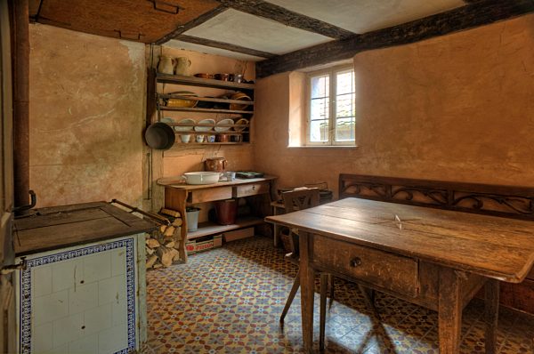 Living kitchen of a small winegrower, Häckerhaus, middle of the 19th century, Franconian open-air museum Bad Windsheim, Middle Franconia, Bavaria, Germany, Europe