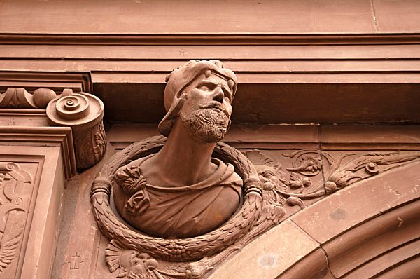 Male figure at entrance gate, detail, old town hall, 1570-72, market 1, Schweinfurt, Lower Franconia, Bavaria, Germany, Europe
